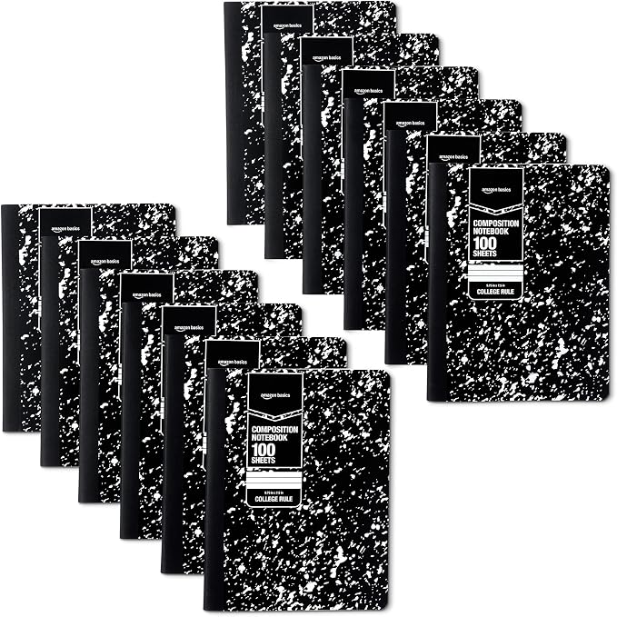 Amazon Basics Composition Notebook, College Ruled, 100 Sheets, 9.75" x 7.5", Marble Black, 12-Pack