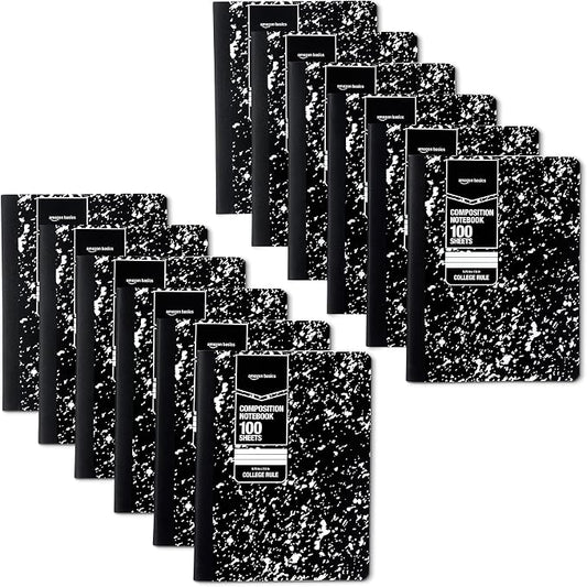 Amazon Basics Composition Notebook, College Ruled, 100 Sheets, 9.75" x 7.5", Marble Black, 12-Pack