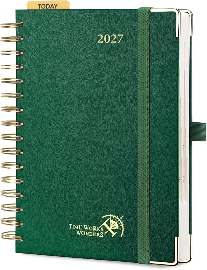 POPRUN 2027 Daily Planner One Page Per Day, 5.75" x 8.5", Calendar Book from Jan 2027 - Dec 2027, Hardcover Appointment Book with Hourly Time Slots, Spiral Bound, Monthly Tabs - Dark Green