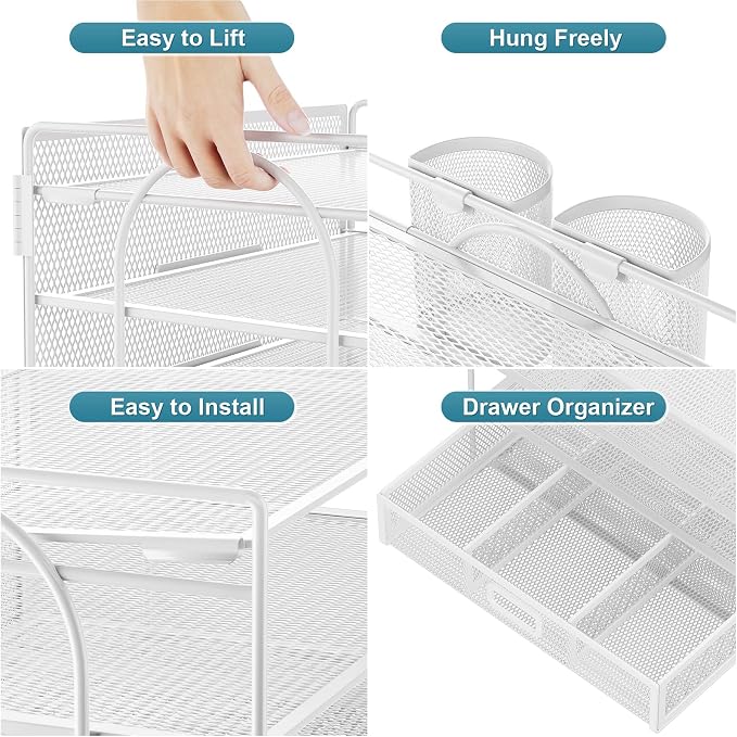 Marbrasse Desk Organizer and Accessories Polystyrene, 4-Tier Paper File Letter Tray Accessories & Workspace Desk Organizers with Drawer and 2 Pen Holders for School Home Office Supplies (White)