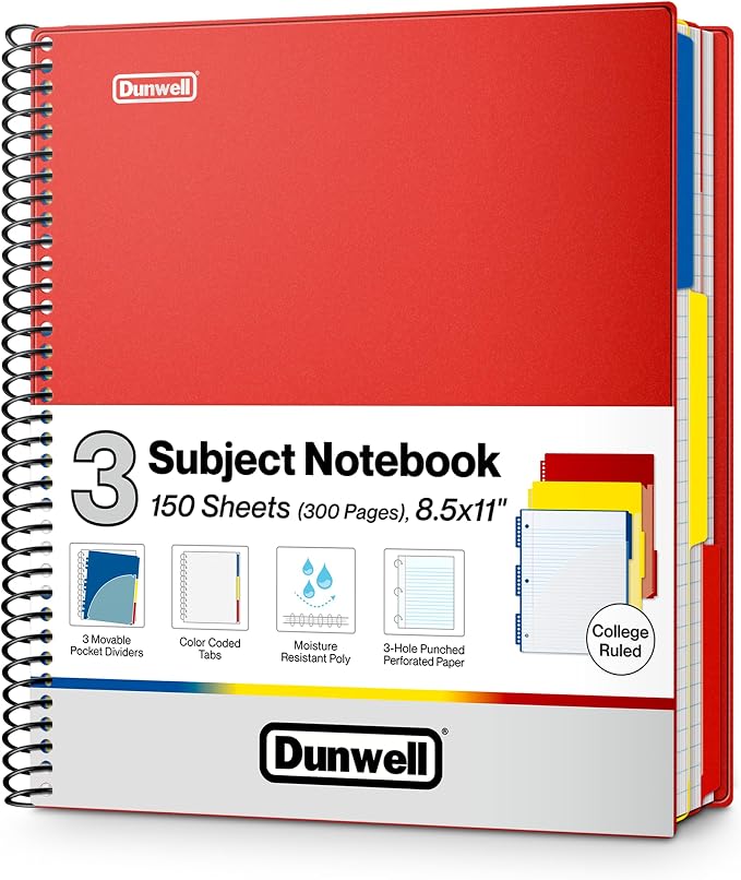 Dunwell 3-Subject Spiral Notebook College Ruled 8.5x11 (Red), 150 Sheets (300 Pages), Tabs, Color Movable Divider Pockets, Protective Plastic Covers, 3-Hole Punched Tear-Off Paper
