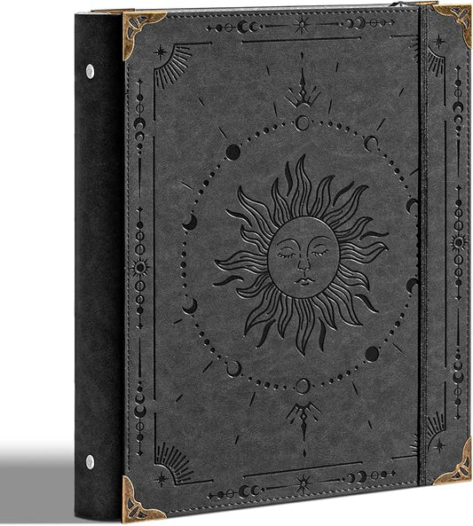 Ovesmusl PU Leather 3 Ring Binder Fits 8.5"x11" Letter Size Paper, 1.5 Inch Round Ring Binder Holds 350 Sheets, Notepad Paper Cover Loose Leaf Organizer, Black Sun