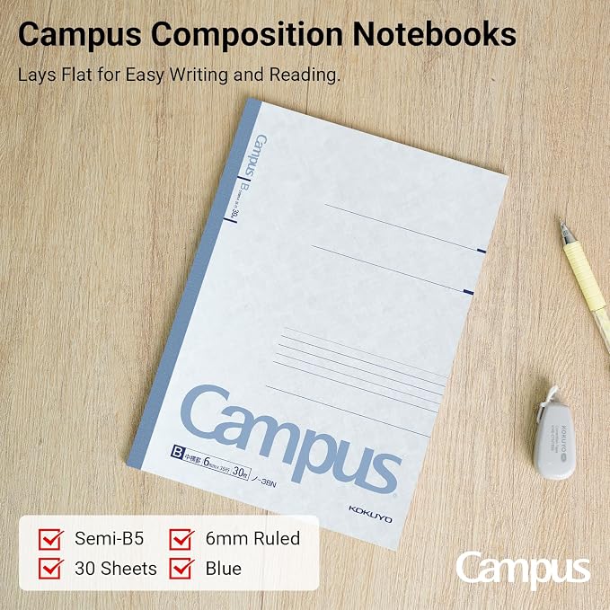 KOKUYO Campus Composition Notebook, 7 x 10 inch Lined Notebooks with 30 Sheets 6mm Ruled Paper, 10 Pack B5 Blue Notebook for School and Work, School Supplies Comp Book for Journal Diary