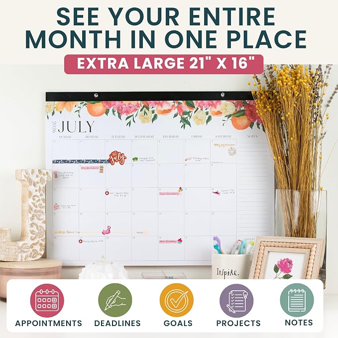 bloom daily planners Desk Calendar 2026-2027 - Academic Year Large Wall Calendar (July 2026 - July 2027) - 21” x 16” Desktop & Hanging Monthly Planner with Stickers for Home or Office - Seasonal Florals