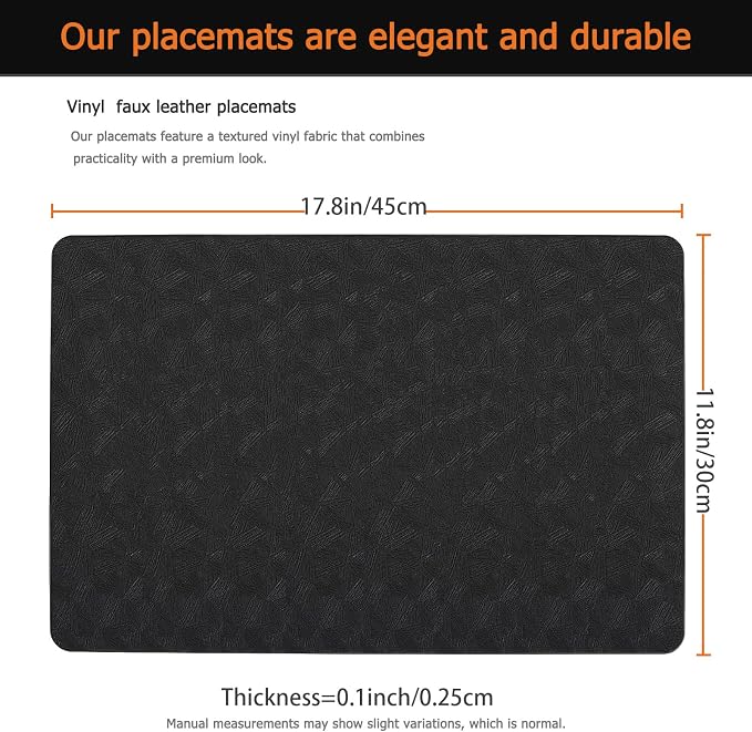Black Plastic Placemats Set of 12,Faux Leather Waterproof Table Mats | Black Vinyl placemats, Wipeable and heat resistant table mats.Easy to clean,great for indoor and outdoor