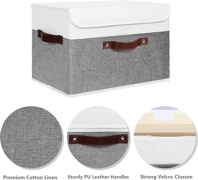 ANMINY 2PCS Storage Boxes with Lid Washable Decorative Storage Bins Basket with PU Leather Handle Foldable Linen Fabric Storage Cubes Containers for Home Closet Organizer - Gray White, Large Size