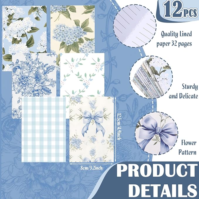 Motiskyy 24 Pcs Hydrangea Blue and White Floral Journal Pens Pastel Floral Patterns Ballpoint Pens Grandmillennial Aesthetic Notepads Set Line Notebook for Employee Gift Student School Office Supplies