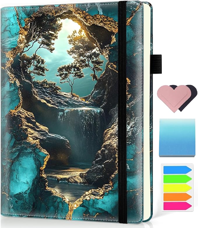 Hardcover Executive Notebooks, A5 PU Leather Lined Journal Notebook, 200 Pages Thick Paper Subject Notebooks for School,Work,Home Writing Business Notebook, Diary Book ，Golden Bonsai Falls Art