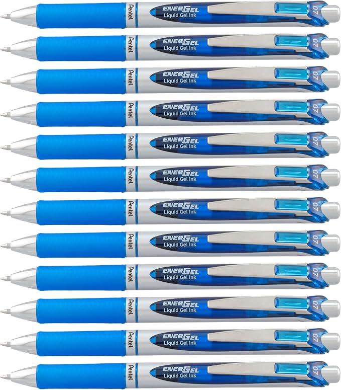 Pentel EnerGel RTX Gel Pens, 0.7 mm Metal Tip, Black/Silver Barrel, Blue Ink, Box of 12 (BL77-C)