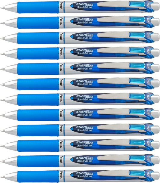 Pentel EnerGel RTX Gel Pens, 0.7 mm Metal Tip, Black/Silver Barrel, Blue Ink, Box of 12 (BL77-C)