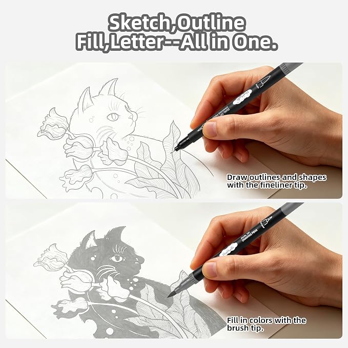 10 Pack Gray Markers for Coloring,1-6mm Dual Brush Pens with 0.4mm Fine Tip Markers,Gray Drawing Pens for Art Drawing Sketching Calligraphy