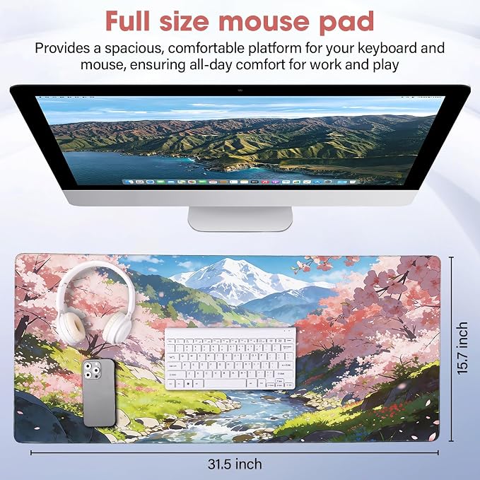 Cherry Blossom Anime Large Gaming Mouse Pad, 31.5x15.7 Inch, Non-Slip Rubber Base, Stitched Edges, Waterproof Desk Mat