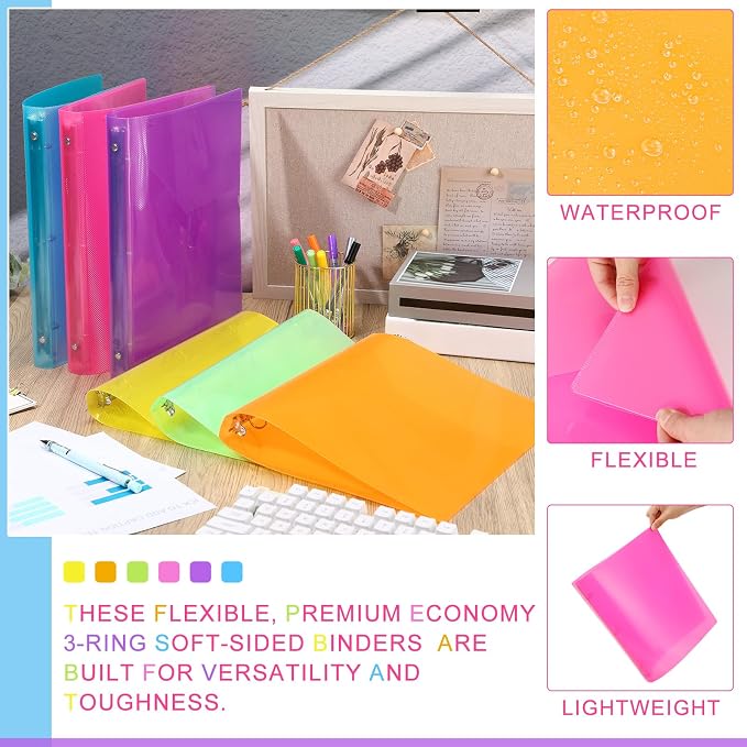 Fulmoon 6 Pack Plastic 3 Ring Binder Assorted Colors Economy Flexible Round Ring Presentation Binders with Pocket for Office School Meeting(1 Inch,Neon Colors)