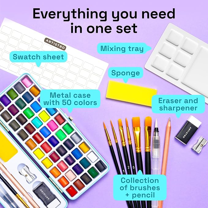 ARTISTRO 100 Color Watercolor Paint Set - Portable Paint Art Kit with Palette and Brush Pens - Travel Water Color Set for Adults, Professionals, Kids - Art and Painting Supplies - Gift Idea