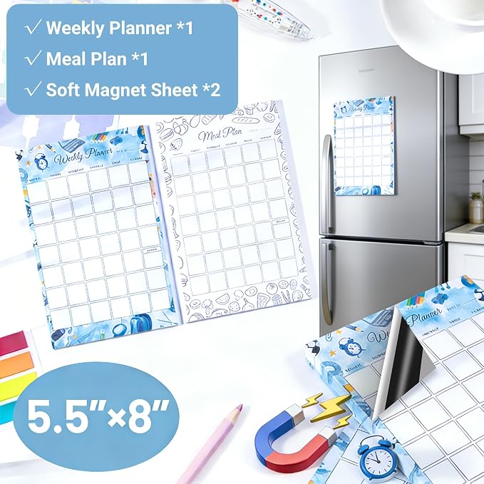 Magnetic Weekly Planner & Meal Planner Notepad Set, 6" x 9" Undated Planning Notepad for Refrigerator, Weekly Schedule Organizer and Meal Planning Pad, Tear-Off Desk Planner for Home, School & Office