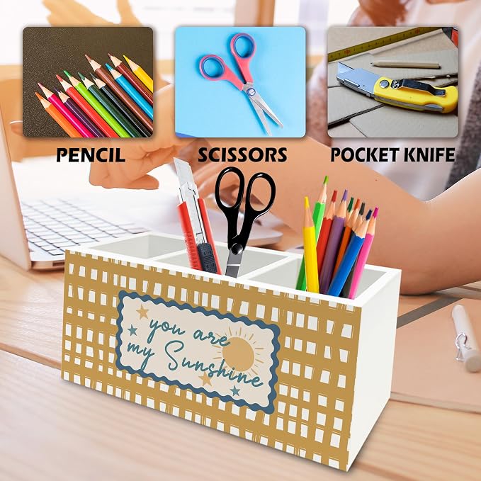 Boho Kids Inspirational Pen Pencil Holder Organizer for Desk, You Are My Sunshine Nursery Wooden Box Signs Decorations for Kids Boys Girls Room Bedroom Classroom Desk Tabletop