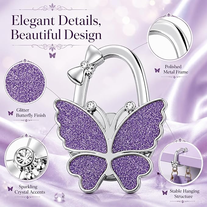 Purse Hook for Table, Foldable Handbag Hanger for Women, Portable Bag Holder with Non-Slip Base, Cute Matte Purple Butterfly Purse Table Hook for Restaurant Office Travel Gift