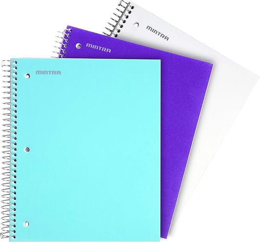 Mintra Office Durable Spiral Notebook - 2 Subject (College Ruled 3pk, Teal, White, Purple)