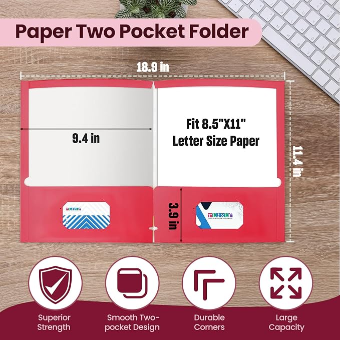 BIBRADAA® 50 Packs Red Folders with Pockets,2 Pocket Folders Surface with Waterproofing,Letter Size,Holds 100 Plus Sheets,for School,Office,Business. (50, Red)