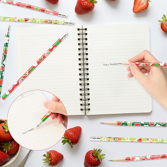 Xqumoi 60Pcs Strawberry Pencils with Eraser - Cute Fruit Theme #2 HB Pencils, School Classroom Student Rewards Back to School Office Supply Party Goodie Bag Fillers Stuffers Birthday Party Favors
