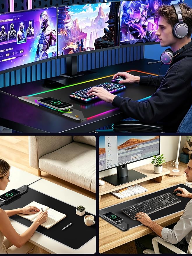 Magnetic Wireless Charging Mouse Pad Gaming, 31.5"x15.8" Large Desk Mat | RGB Mousepad, Smooth Glide, Stitched Edge, Non-Slip Rubber Base, Desk Pad Computer Keyboard Mat, No Adapter