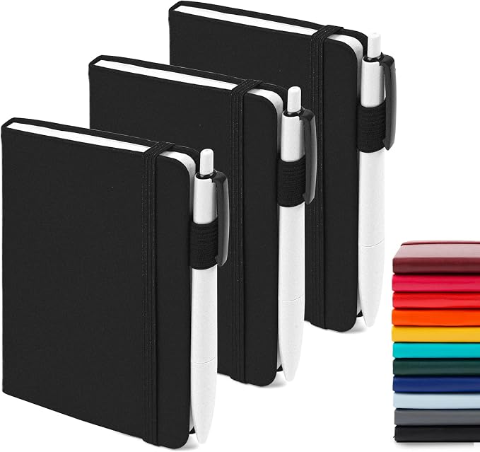 feela 3 Pack Pocket Notebook Journals with 3 Black Pens, A6 Mini Cute Small Journal Notebook Bulk Hardcover College Ruled Notepad with Pen Holder for Office School Supplies, 3.5”x 5.5”, Black