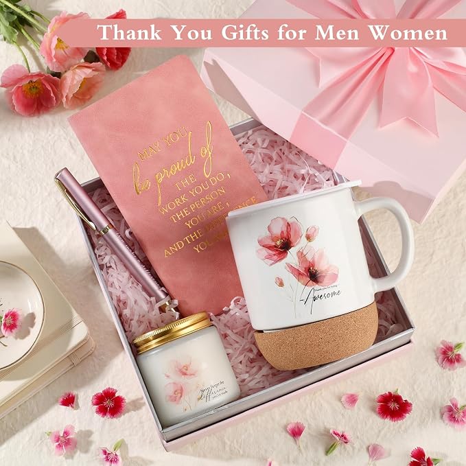 Sayglossy 4 Pcs Thank You Gifts Set for Women Back to School Teacher Appreciation Gift Leather Notebook Pink Flower Coffee Mug Scented Candle Ballpoint Pen for Employee Coworker DSP Housekeeping Week