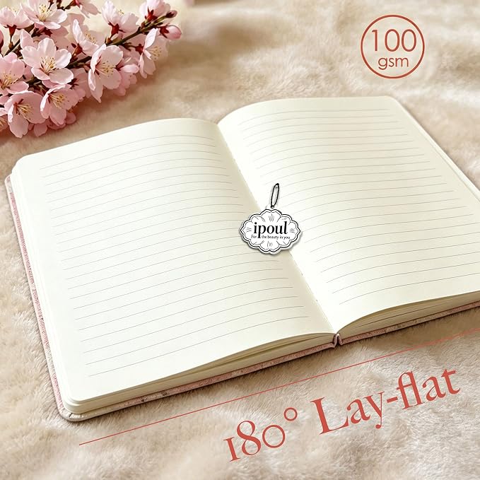 Pink Notebook, A5, Ruled Journal, Hardcover, Lay-flat, Embroidered Flower Journal, Beautiful Journal, Cute Notebooks for Women, Gift for Her, Writing Journal, Gratitude Journal, Peach Blossom