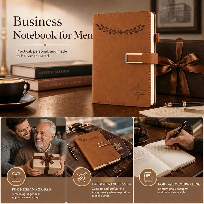 CRME Personalized Icon Notebook, Custom Text Engraved Leather Journal, A5 Writing Journal Gift for Women Men, Students, Office, Business
