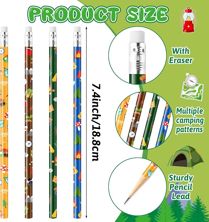 Xqumoi 60Pcs Camping Pencils with Erasers - 4 Designs #2 HB Pencils in Bulk Outdoor Camping Patterns Themed Stationery School Classroom Rewards Goodie Bag Fillers Stuffers Birthday Party Favors