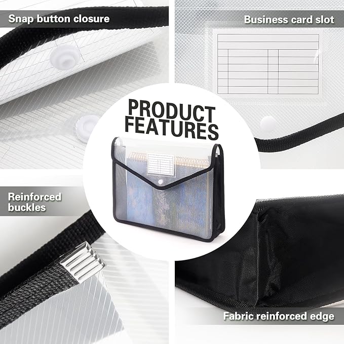 Tamaki Plastic Expanding File Folder, Fit Letter/A4 Size, Black, 1 Pack | Transparent envelopes with Snap Closure, No Dividers, Large Capacity