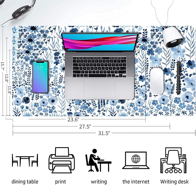 Flower Large Mouse Pad, Floral Desk Matt for Desktop, PU Leather Waterproof Desk Pad, Computer PC Laptop Protector Gaming Mouse Pads for Women Office Decor (27.5" x 13.8")
