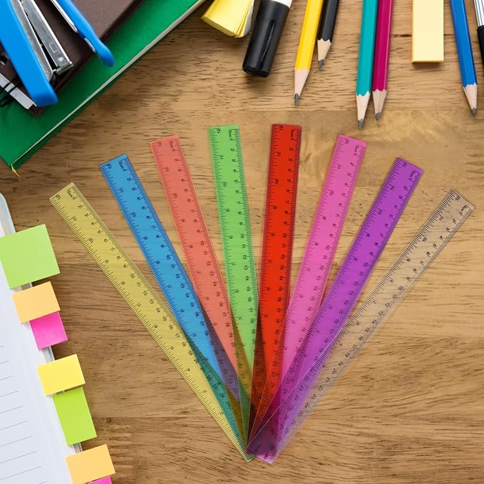 32 Pack Assorted Color Clear Rulers 12 inch, Plastic Ruler Bulks for Classroom, Transparent Metric Rulers for Kids with Inches and Centimeters for School, Home, Office Supplies