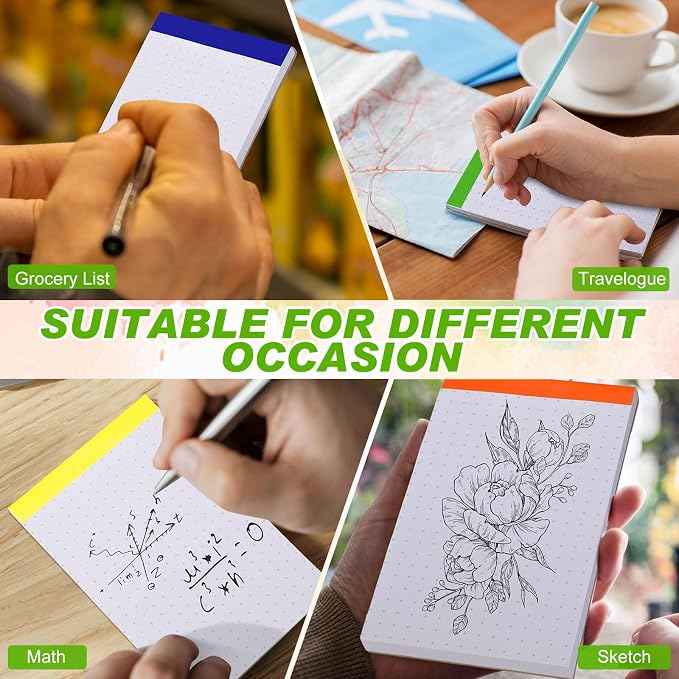 16 Pcs 3'' x 5'' Dot Grid Notepads - Mini Dotted Graph Paper Pads, Perforated Assorted Color Tops, 50 Sheets Per Memo Pad, 80Gsm Paper Pads Small Pocket Dotted Notebook for Journal, Students, Office