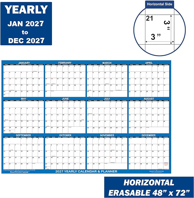 47" x 72" SwiftGlimpse 2027 Wall Calendar Erasable HUGE Jumbo Wet & Dry Erase Laminated 12 Month Annual Yearly Wall Planner, Horizontal, Navy