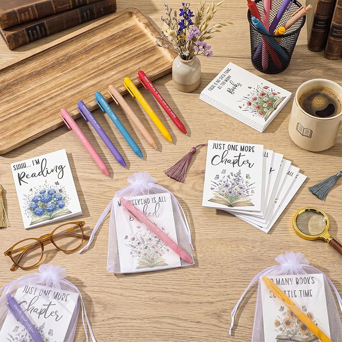 Sayglossy 36 Sets Book Lover Gifts Set Flower Notebooks Book Club Ballpoint Pens 6 Styles Flower Reading Journals with Organza Bags for Women Readers Bookish Bookworm
