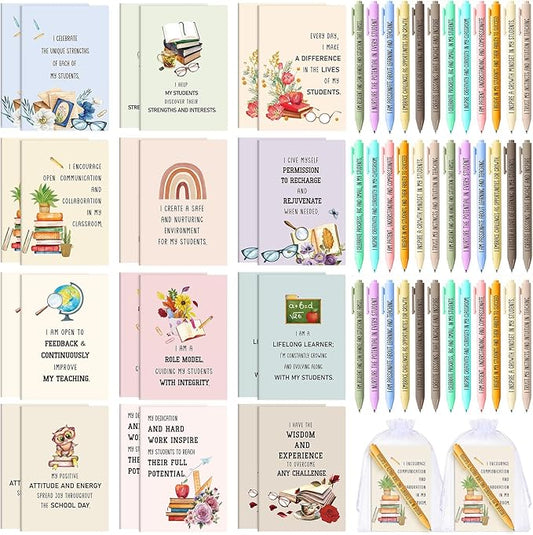 Mooliwe 48 Pcs Positive Affirmation Gift Set Gratitude Notebooks with Pens Small Bags Motivational Encouragement Notepads Daily Affirmations Journal for Women Stress Relief Self Care (Teacher)