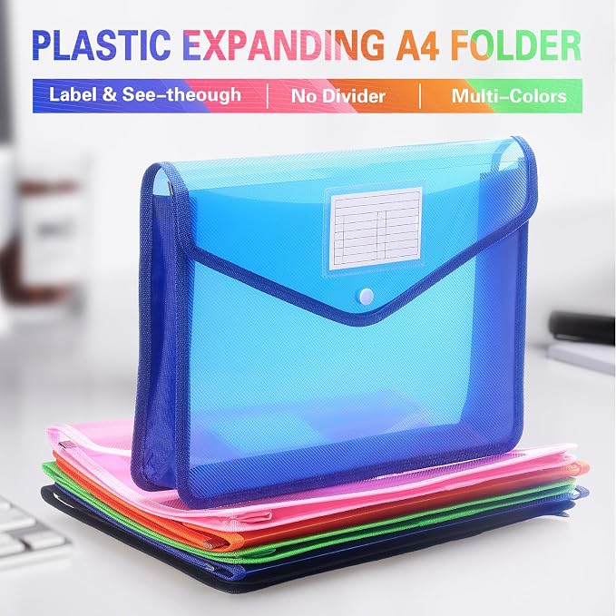 Tamaki Plastic Expanding File Folder, Fit Letter/A4 Size, Blue, 1 Pack | Transparent envelopes with Snap Closure, No Dividers, Large Capacity
