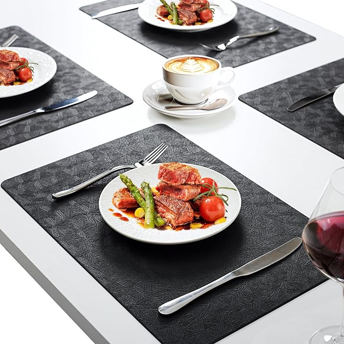 Black Plastic Placemats Set of 12,Faux Leather Waterproof Table Mats | Black Vinyl placemats, Wipeable and heat resistant table mats.Easy to clean,great for indoor and outdoor