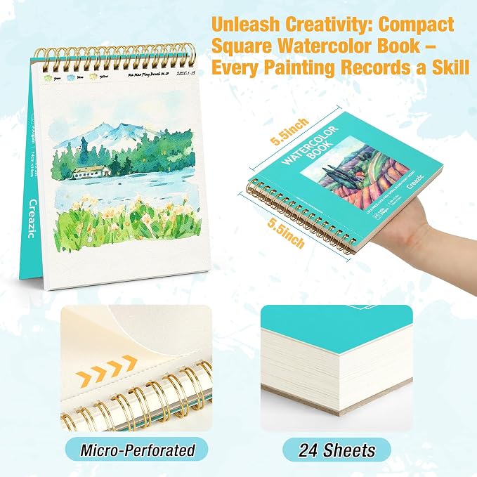 Creazic 2-Pack 5.5"x5.5" Square Watercolor Sketchbook (140lb/300gsm) | Premium Artist Paper, Spiral Bound & Microperforated | Travel Pad for Watercolor, Hand Lettering, Sketches, Adults & Beginners