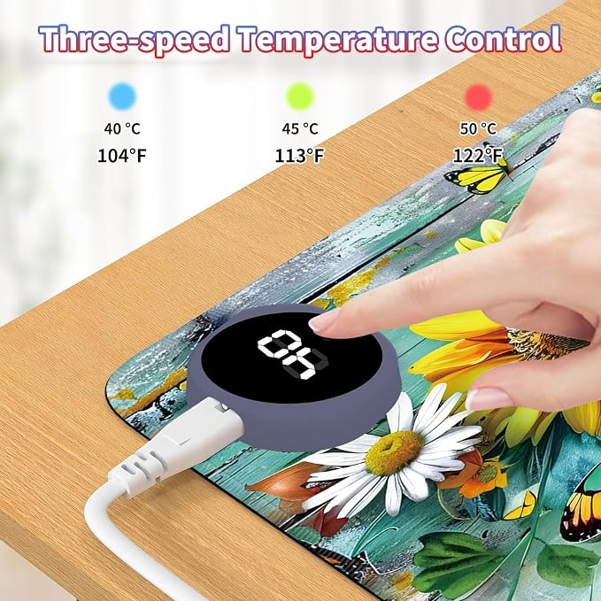 Heated Desk Pad Large Mouse Pad 23.6 x 14.1 inch with 3 Levels Heating & Auto Shut-Off Warm Mouse pad PU Leather Computer Mousepad for Home Office Work - Flower Butterflies