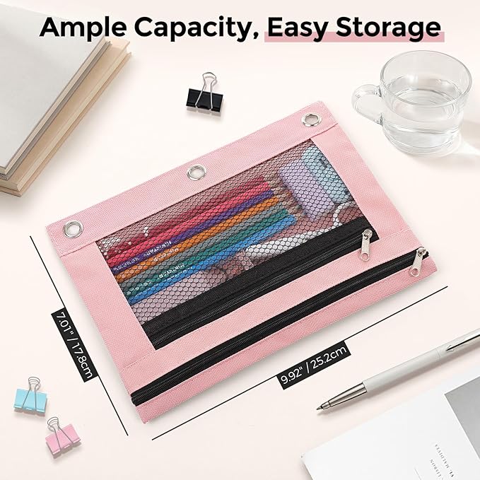 KONVINIT Pencil Pouch for 3 Ring Binder, Zipper Binder Pencil Pouch, Durable Cloth Pencil Case with 2 Pockets, Mesh Window Pencil Case Pouch for School Supplies, Cables, Earbuds, Makeup, Pink