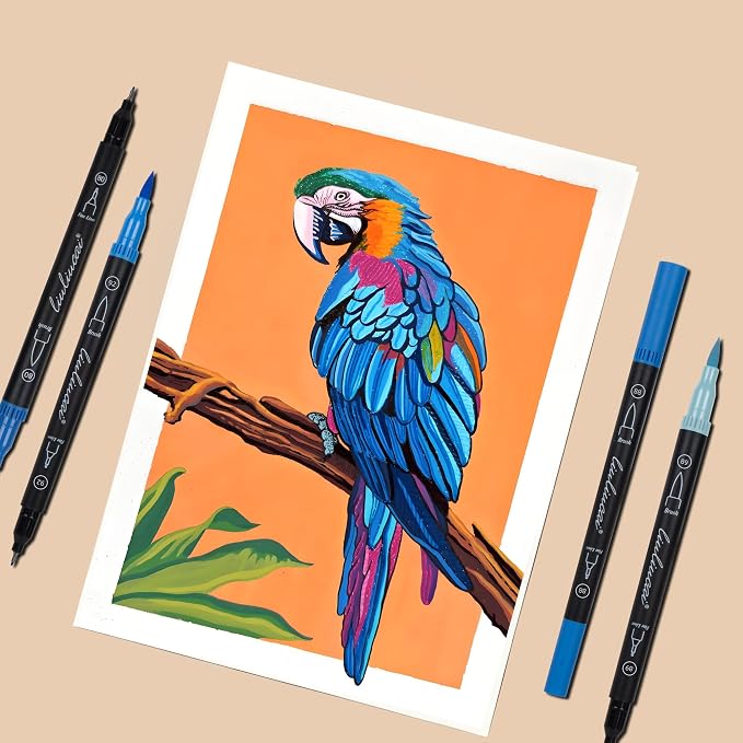 LIULIUCAI 10 Blue Dual Markers, Fine & Brush Tip Pen for Adult Coloring | Ocean Blue Markers, Coloring Pens for Sky Sea, Water Effects, Calming Art, Outlining Journaling Calligraphy Illustration