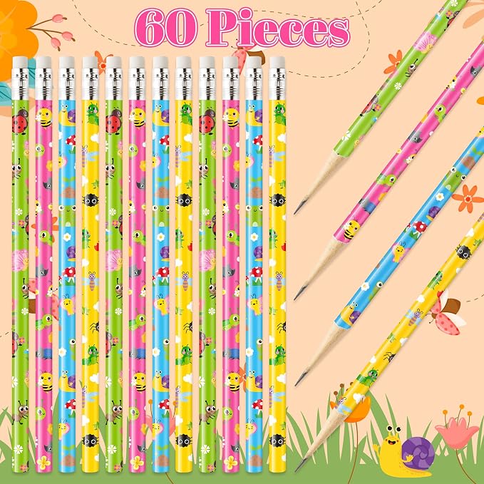 Xqumoi 60Pcs Insects Pencils with Eraser - Spring Butterfly Bee Ladybug #2 HB Pencils, School Classroom Student Rewards Office Supply Holiday Gift Goodie Bag Fillers Stuffers Party Favors