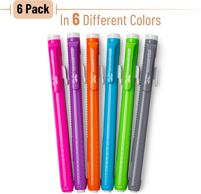 Mr. Pen- Retractable Mechanical Eraser Pens, 6 Pack, Vibrant Colors | Latex-Free Precision Pencil Erasers for Artists, Students, Drawing, Sketching & Drafting