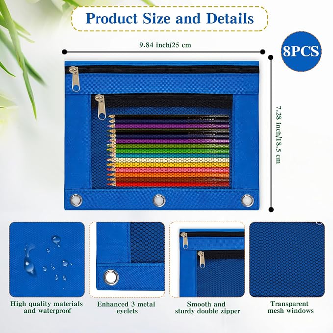 Pencil Pouch for 3 Ring Binder 8 Pack Pencil Bags with Zipper Pencil Case for Binder Large Pencil Case Pouch 3 Ring with Clear Mesh Window Double Pockets Office Supplies Assorted Color