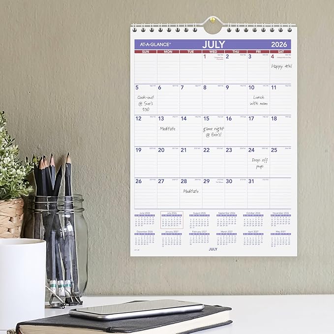 AT-A-GLANCE Wall Calendar 2026-2027 Planner, Academic 12-Month July-June, Monthly, 11" x 8", Ruled Daily Blocks (AY128)