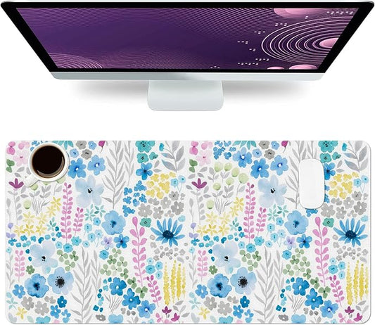 Flower Large Mouse Pad, Floral Desk Matt for Desktop, PU Leather Waterproof Desk Pad, Computer PC Laptop Protector Gaming Mouse Pads for Women Office Decor (31.5" x 15.7")