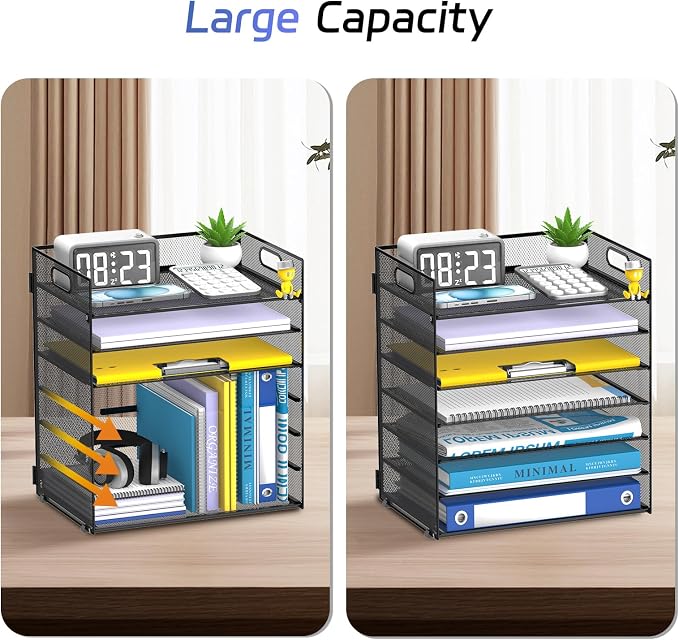 7 Tier Paper Organizer for Desk with Letter Trays & Handle Black | Black Desk File Organizer with Handle for Sorting Papers, Files, Folders, Mail, Bills and Office Supplies