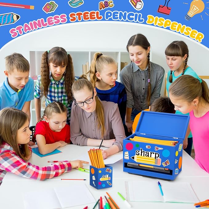 Mifoci 8 Pcs Wooden Pencil Dispenser Kit for Classroom Wooden Pen Holder Straw Dispenser Sharp and Dull Letter Stickers for Teachers Classroom Supplies Storage (Royal Blue)
